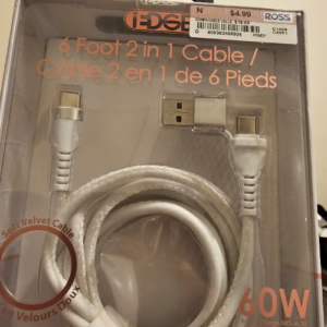 EDGE DUAL INPUT USB-C AND USB-A 60W CHARGING CABLE 6Ft, 2M