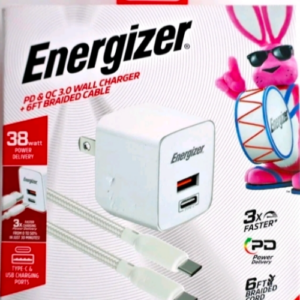 Energizer Charger W/ 6ft Cord PD& QC 3.0 Charger BRAIDED 38 Watt
